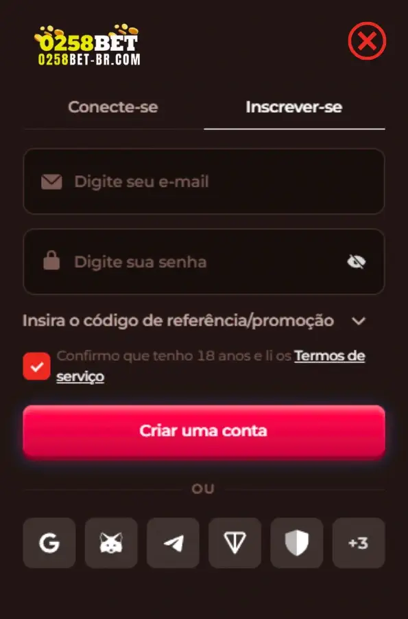 Processo de registro no site 0258BET